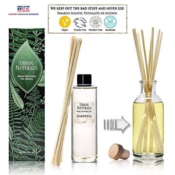 Urban Naturals Gardenia Scented Oil Reed Diffuser Refill | Includes a Free Set of Reed Sticks! Jasmine, Ylang Ylang, Tuberose & Amber Notes | 4 oz