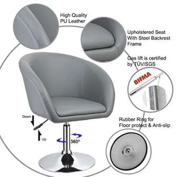 DUHOME Jumbo Size Accent Chair Salon Stool Luxury PU Leather Contemporary Round Swivel Chair Tufted Adjustable Lounge Pub Bar Salon (Gray)