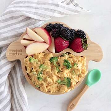 Bamboo Baby Plate with Suction - Kids and Toddler Suction Cup Plate for Babies, Non-toxic All-Natural Bamboo Baby Food Plate Stays Cool to the Touch for Baby-Led Weaning (Lamb - Cherry)