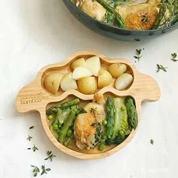 Bamboo Baby Plate with Suction - Kids and Toddler Suction Cup Plate for Babies, Non-toxic All-Natural Bamboo Baby Food Plate Stays Cool to the Touch for Baby-Led Weaning (Lamb - Cherry)