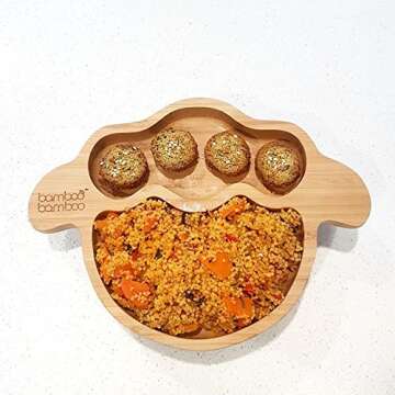 Bamboo Baby Plate with Suction - Kids and Toddler Suction Cup Plate for Babies, Non-toxic All-Natural Bamboo Baby Food Plate Stays Cool to the Touch for Baby-Led Weaning (Lamb - Cherry)