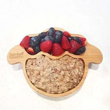 Bamboo Baby Plate with Suction - Kids and Toddler Suction Cup Plate for Babies, Non-toxic All-Natural Bamboo Baby Food Plate Stays Cool to the Touch for Baby-Led Weaning (Lamb - Cherry)