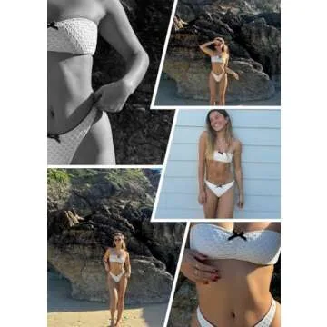 ZAFUL Women's Strapless Bikini Openwork Textured Bow Ruched Lace Up High Cut Bandeau Swimsuit Bathing Suits (0-a-Beige, M)