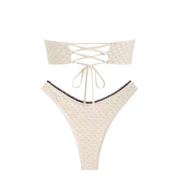 ZAFUL Women's Strapless Bikini Openwork Textured Bow Ruched Lace Up High Cut Bandeau Swimsuit Bathing Suits (0-a-Beige, M)