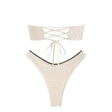 ZAFUL Women's Strapless Bikini Openwork Textured Bow Ruched Lace Up High Cut Bandeau Swimsuit Bathing Suits (0-a-Beige, M)