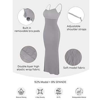 Popilush The Shapewear Dress for Women Built in Bra Maxi Bodycon Spaghetti Strap Dresses Grey