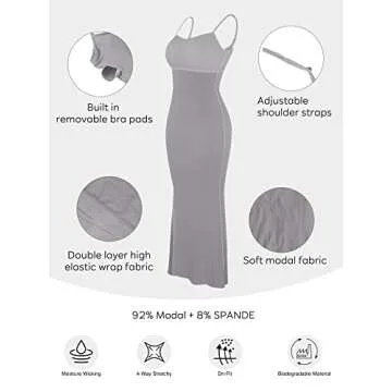 Popilush The Shapewear Dress for Women Built in Bra Maxi Bodycon Spaghetti Strap Dresses Grey