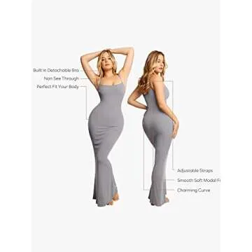 Popilush The Shapewear Dress for Women Built in Bra Maxi Bodycon Spaghetti Strap Dresses Grey