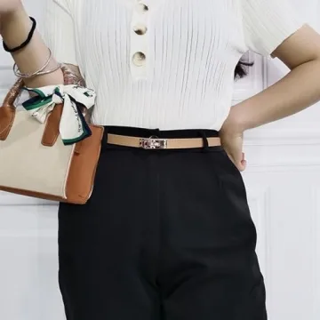 FENLDY Adjustable Thin Belts For Womens Skinny Belts For Dresses Womens Solid Color Alloy Turn Lock Belts For Jeans (Light khaki belt with gold buckle)