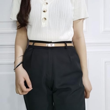 FENLDY Adjustable Thin Belts For Womens Skinny Belts For Dresses Womens Solid Color Alloy Turn Lock Belts For Jeans (Light khaki belt with gold buckle)