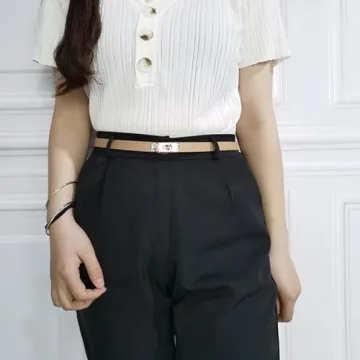 FENLDY Adjustable Thin Belts For Womens Skinny Belts For Dresses Womens Solid Color Alloy Turn Lock Belts For Jeans (Light khaki belt with gold buckle)