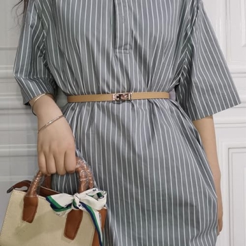 FENLDY Adjustable Thin Belts For Womens Skinny Belts For Dresses Womens Solid Color Alloy Turn Lock Belts For Jeans (Light khaki belt with gold buckle)