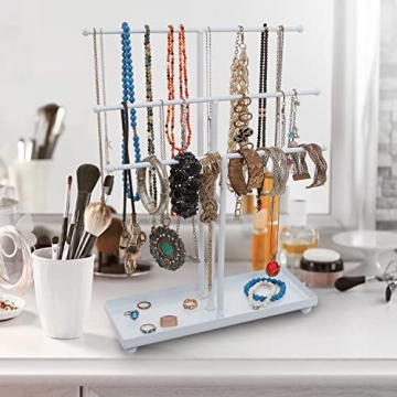 MyGift Modern Jewelry Organizer, 3 Tier White Metal Tabletop Bracelet and Necklace Jewelry Storage Display Tree Rack with Base Ring Tray