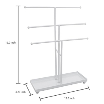 MyGift Modern Jewelry Organizer, 3 Tier White Metal Tabletop Bracelet and Necklace Jewelry Storage Display Tree Rack with Base Ring Tray