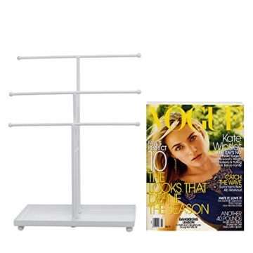 MyGift Modern Jewelry Organizer, 3 Tier White Metal Tabletop Bracelet and Necklace Jewelry Storage Display Tree Rack with Base Ring Tray