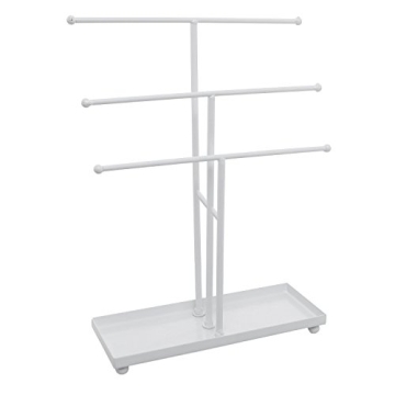 MyGift Modern Jewelry Organizer, 3 Tier White Metal Tabletop Bracelet and Necklace Jewelry Storage Display Tree Rack with Base Ring Tray