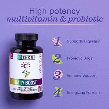 Zhou Nutrition Daily Boost Multivitamin with Probiotic, Zinc, Vitamin C, D3, B Complex for Immune Support, Energy and Digestive Health | Vegan, Gluten Free, Soy Free | 30 Servings