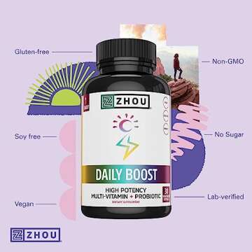 Zhou Nutrition Daily Boost Multivitamin with Probiotic, Zinc, Vitamin C, D3, B Complex for Immune Support, Energy and Digestive Health | Vegan, Gluten Free, Soy Free | 30 Servings