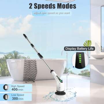 Electric Spin Scrubber for Cleaning Bathroom: Granvell Shower Cleaner Brush with 7 Replaceable Heads & Long Handle, Cordless Power Scrub Tools for Bath Tub Floor Tile
