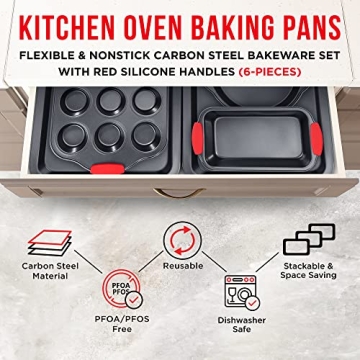 BAKKENMASTER Baking Set – 6 Piece Kitchen Oven Bakeware Set – Deluxe Non-Stick Black Coating Inside and Outside – Carbon Steel – Red Silicone Handles – PFOA PFOS and PTFE Free by Bakken