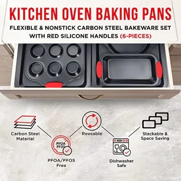 BAKKENMASTER Baking Set – 6 Piece Kitchen Oven Bakeware Set – Deluxe Non-Stick Black Coating Inside and Outside – Carbon Steel – Red Silicone Handles – PFOA PFOS and PTFE Free by Bakken