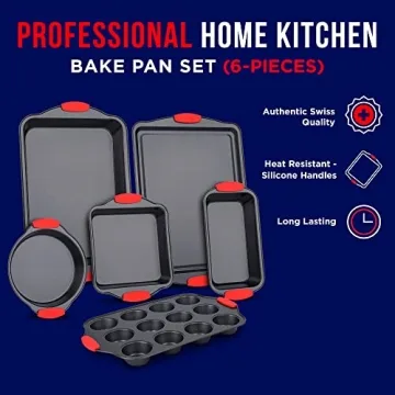 BAKKENMASTER Baking Set – 6 Piece Kitchen Oven Bakeware Set – Deluxe Non-Stick Black Coating Inside and Outside – Carbon Steel – Red Silicone Handles – PFOA PFOS and PTFE Free by Bakken