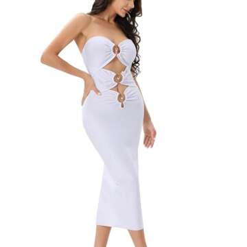 baicpo Women's Sexy Strapless Cut Out Tube Ruched Bodycon Stretchy Bandage Midi Split Night Club Party Cocktail Dress White
