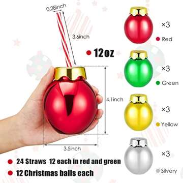 Suclain 12oz Christmas Light Bulb Cups with Lids and Straws Reusable Light Bulb Cups Xmas Ball Shaped Plastic Drinking Cups for Kids Holiday Party Supplies(Gold, Green, Red, Silver,12 Pcs)