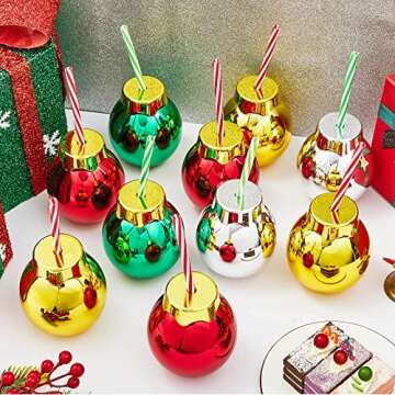 Suclain 12oz Christmas Light Bulb Cups with Lids and Straws Reusable Light Bulb Cups Xmas Ball Shaped Plastic Drinking Cups for Kids Holiday Party Supplies(Gold, Green, Red, Silver,12 Pcs)