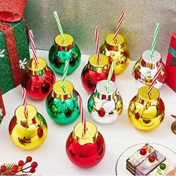 Suclain 12oz Christmas Light Bulb Cups with Lids and Straws Reusable Light Bulb Cups Xmas Ball Shaped Plastic Drinking Cups for Kids Holiday Party Supplies(Gold, Green, Red, Silver,12 Pcs)