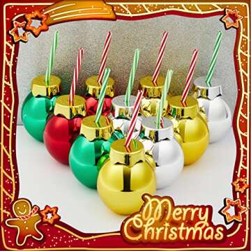 Suclain 12oz Christmas Light Bulb Cups with Lids and Straws Reusable Light Bulb Cups Xmas Ball Shaped Plastic Drinking Cups for Kids Holiday Party Supplies(Gold, Green, Red, Silver,12 Pcs)