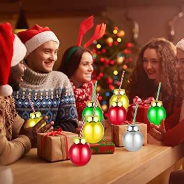 Suclain 12oz Christmas Light Bulb Cups with Lids and Straws Reusable Light Bulb Cups Xmas Ball Shaped Plastic Drinking Cups for Kids Holiday Party Supplies(Gold, Green, Red, Silver,12 Pcs)