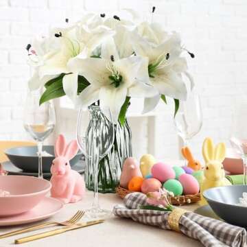 Riceshoot 12 Pcs Artificial Tiger Lily Flowers Real Touch Easter White Latex Fake Lily Bouquet Faux Flowers for Easter Indoor Home Table Office Wedding Decoration