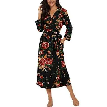 VINTATRE Women Kimono Robes Long Knit Bathrobe Lightweight Soft Knit Sleepwear V-neck Casual Ladies Loungewear FP-Brown Black-X-Large