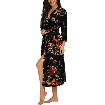 VINTATRE Women Kimono Robes Long Knit Bathrobe Lightweight Soft Knit Sleepwear V-neck Casual Ladies Loungewear FP-Brown Black-X-Large