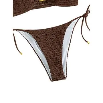 SweatyRocks Women's 2 Piece Bathing Suit Ribbed Tie Side Halter Bikini Swimsuit Coffee Brown L
