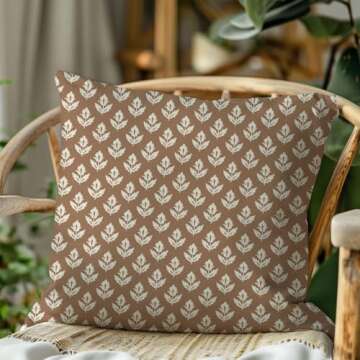 PANDICORN Block Print Throw Pillow Covers 18x18 Inch Set of 2 Vintage Floral Brown Outdoor Rustic Farmhouse Spring Fall Cottage Decorations Decorative Pillow Cases for Home Bed Living Room Couch Decor