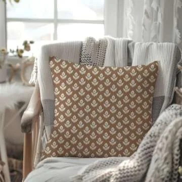 PANDICORN Block Print Throw Pillow Covers 18x18 Inch Set of 2 Vintage Floral Brown Outdoor Rustic Farmhouse Spring Fall Cottage Decorations Decorative Pillow Cases for Home Bed Living Room Couch Decor