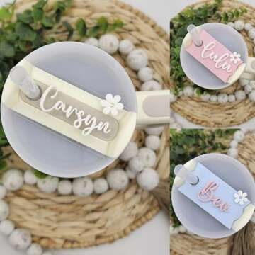 Personalized Stanl-y Tumbler Name Plates, Small Flower Raised Lettering Stanl-y Cup Name Plate for L...