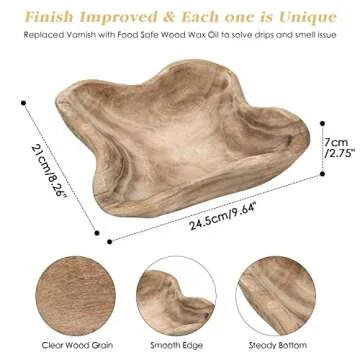 Square Wavy Live Edge Wooden Dough Bowl for Decor 10" Medium Natural Root Wood Hand Carved Decorative Wooden Farmhouse Fruit Bowl Handmade, Home Decoration Centerpiece, Dining Room Table Display Bowl