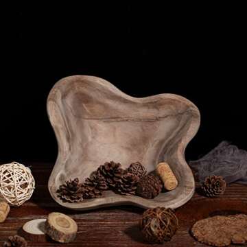 Square Wavy Live Edge Wooden Dough Bowl for Decor 10" Medium Natural Root Wood Hand Carved Decorative Wooden Farmhouse Fruit Bowl Handmade, Home Decoration Centerpiece, Dining Room Table Display Bowl