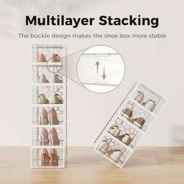 Pinkpum Large Shoe Boxes Clear Plastic Stackable, 12 Pack Shoe Storage Box Organizer for Closets, Foldable Sneaker Storage Fit for Size 11