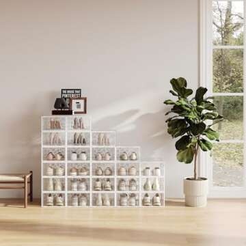 Pinkpum Large Shoe Boxes Clear Plastic Stackable, 12 Pack Shoe Storage Box Organizer for Closets, Foldable Sneaker Storage Fit for Size 11