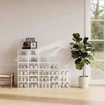Pinkpum Large Shoe Boxes Clear Plastic Stackable, 12 Pack Shoe Storage Box Organizer for Closets, Foldable Sneaker Storage Fit for Size 11