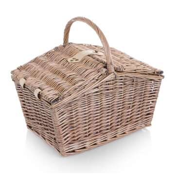 PICNIC TIME Piccadilly Picnic Basket, Romantic Picnic Basket for 2 with Picnic Set - Includes Utensil Set, Plates, and Wine Opener, (Natural Canvas)