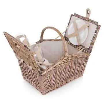 PICNIC TIME Piccadilly Picnic Basket, Romantic Picnic Basket for 2 with Picnic Set - Includes Utensil Set, Plates, and Wine Opener, (Natural Canvas)