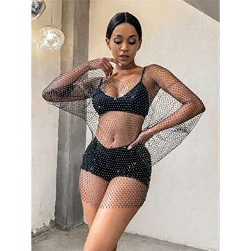 Ingemark Fashion See Through Rhinestone Fishnet Bikini Cover Up for Women Shiny V-Neck Long Sleeve S...