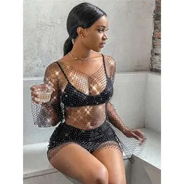 Ingemark Rhinestone Fishnet Bikini Cover Up for Women