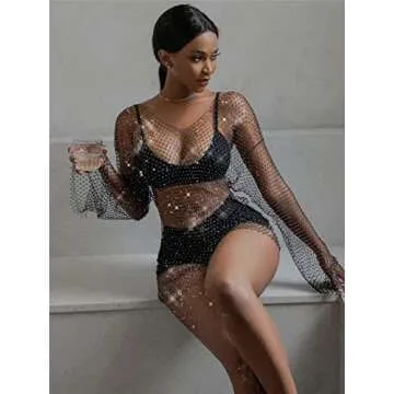 Ingemark Rhinestone Fishnet Bikini Cover Up for Women
