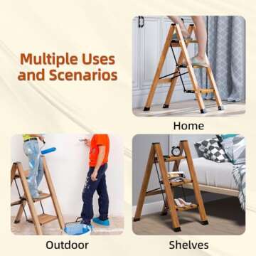 2 Step Ladder Folding Step Stool with Anti-Slip Sturdy and Wide Pedal, Lightweight 330lbs Portable Aluminum Woodgrain Shelf for Household and Kitchen Space Saving